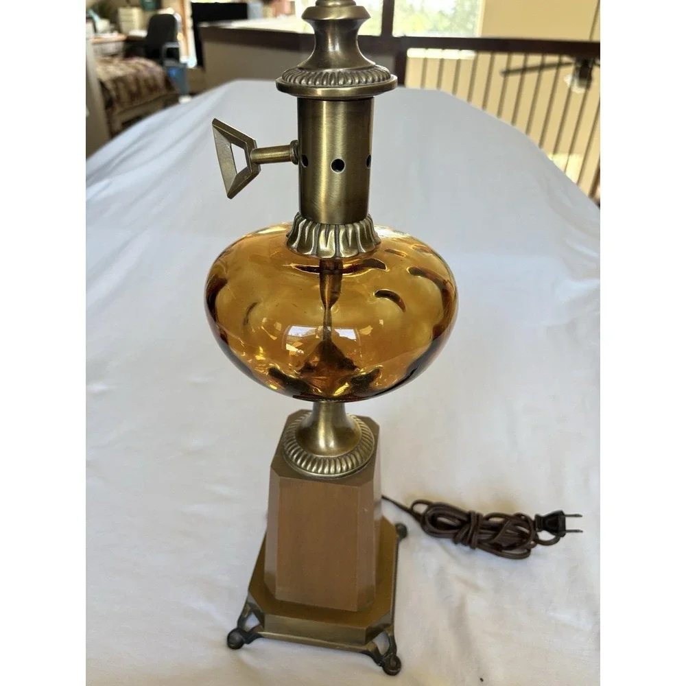 Mid-Century Modern Hollywood Regency Amber Glass Globe Brass Wood Table Lamp 21